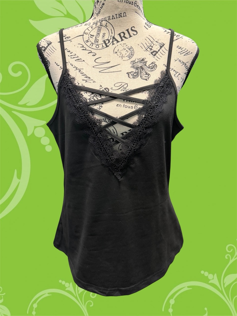 Black Lace-Trim Strappy V-Neck Women's Tank Top